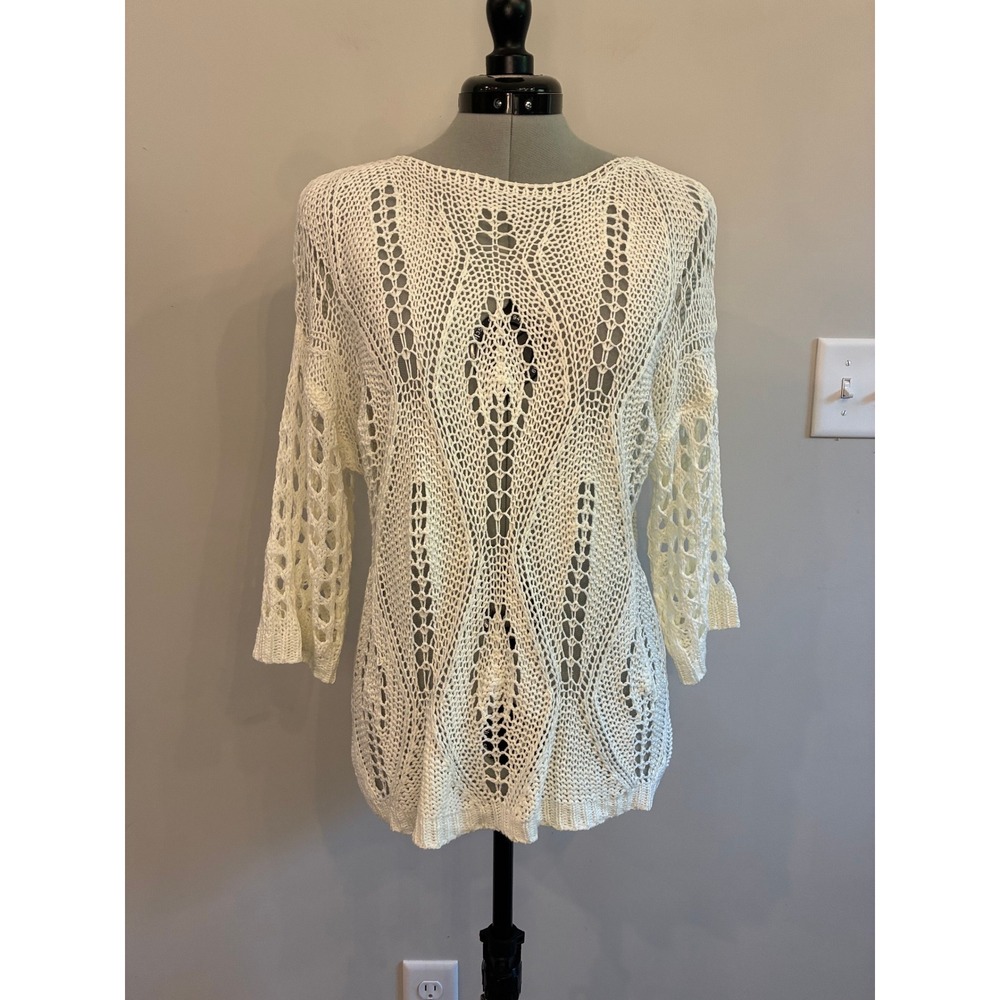 Evaless Women Cream White Open Knit Crochet Sweater 3/4 Sleeve Size M